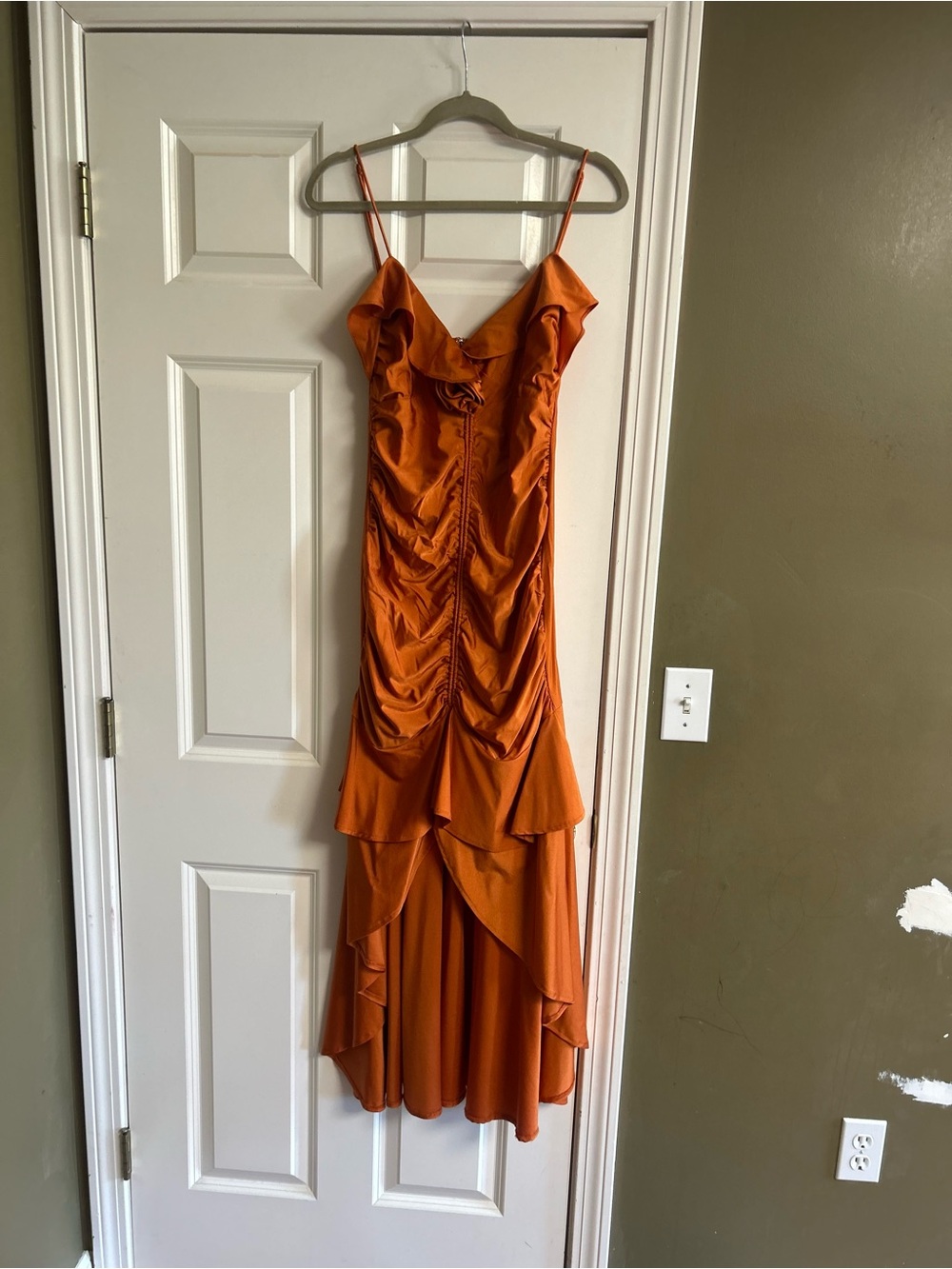 Satin Ruched Orange Midi Dress with Ruffle Hem